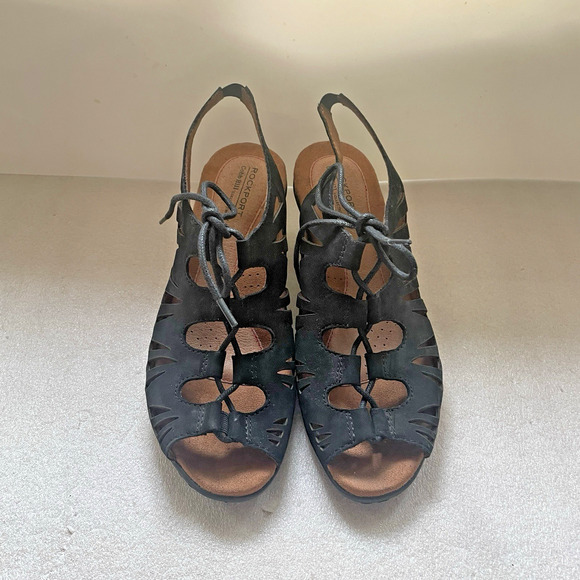 Rockport Gladiator Sandals Women 8 W Black Cobb Hill Leather Upper Suede Lace Up - Picture 2 of 10